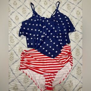 Red and Blue Star-Striped Swimsuit Set